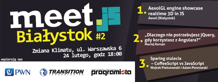 Plakat meet.js Białystok #2, 24 lutego, godzina 18:00, Zmiana Klimatu